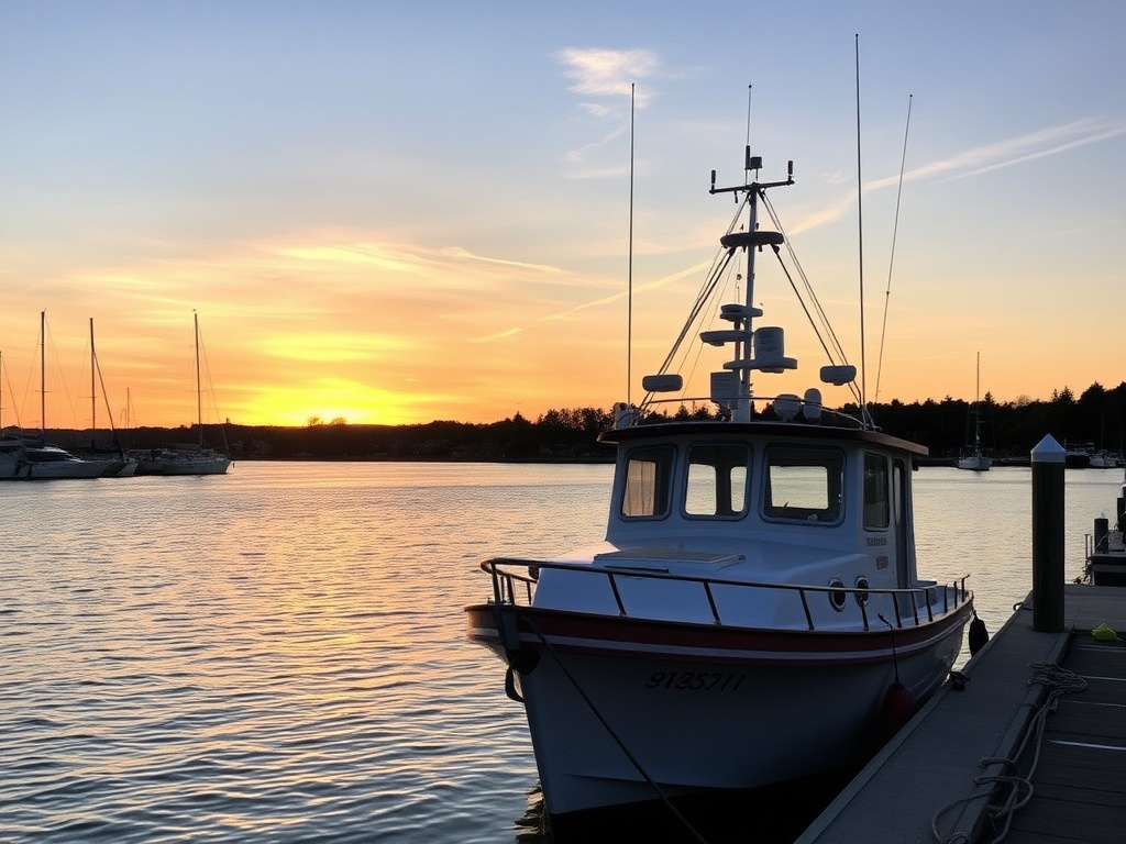 A boat docked at Collingwood Harbour with a beautiful sunset in the background