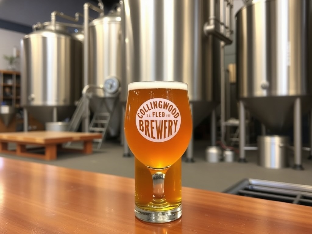 A pint of craft beer served at the Collingwood Brewery with the brewery in the background