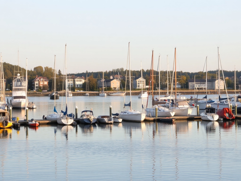 A serene view of Collingwood’s harbor with boats and calm water in the morning light