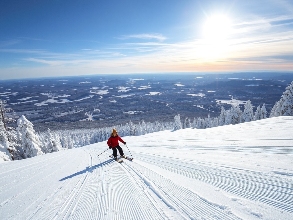 A skier descending a snowy hill at Blue Mountain Resort with scenic snow-covered landscapes