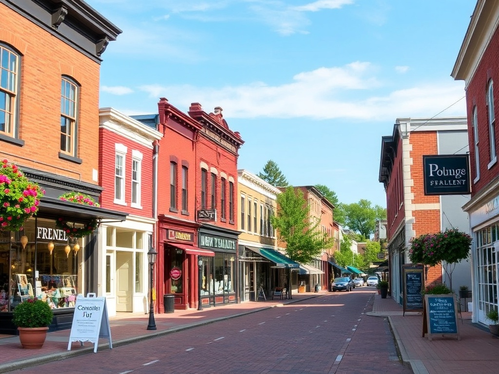 A street in the Olde Town of Collingwood with charming boutiques and historic buildings
