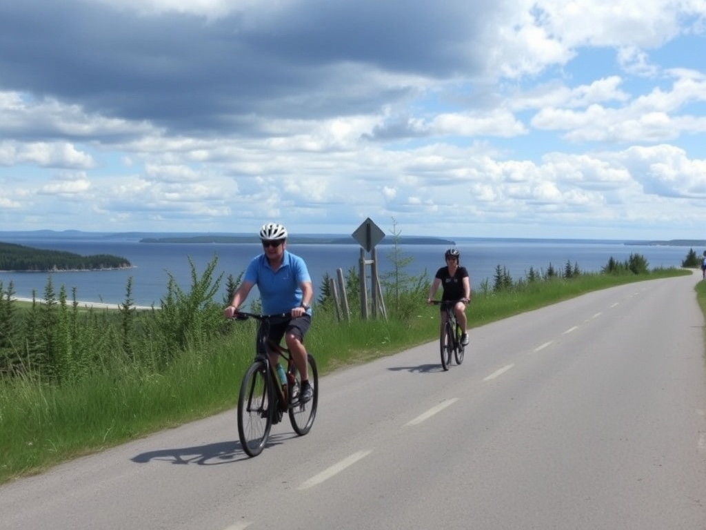 Cyclists riding along the Georgian Trail with scenic views of Georgian Bay