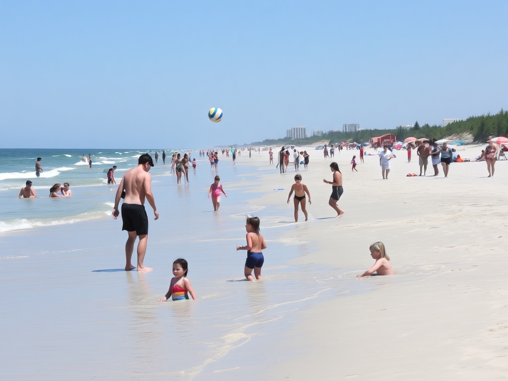 Families enjoying the sun and sand at Wasaga Beach, with people swimming and playing volleyball