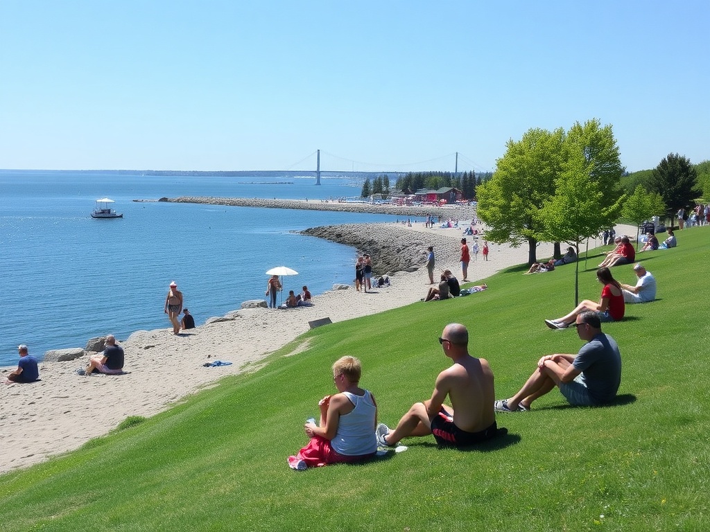 People enjoying a sunny day at Sunset Point Park with views of Georgian Bay