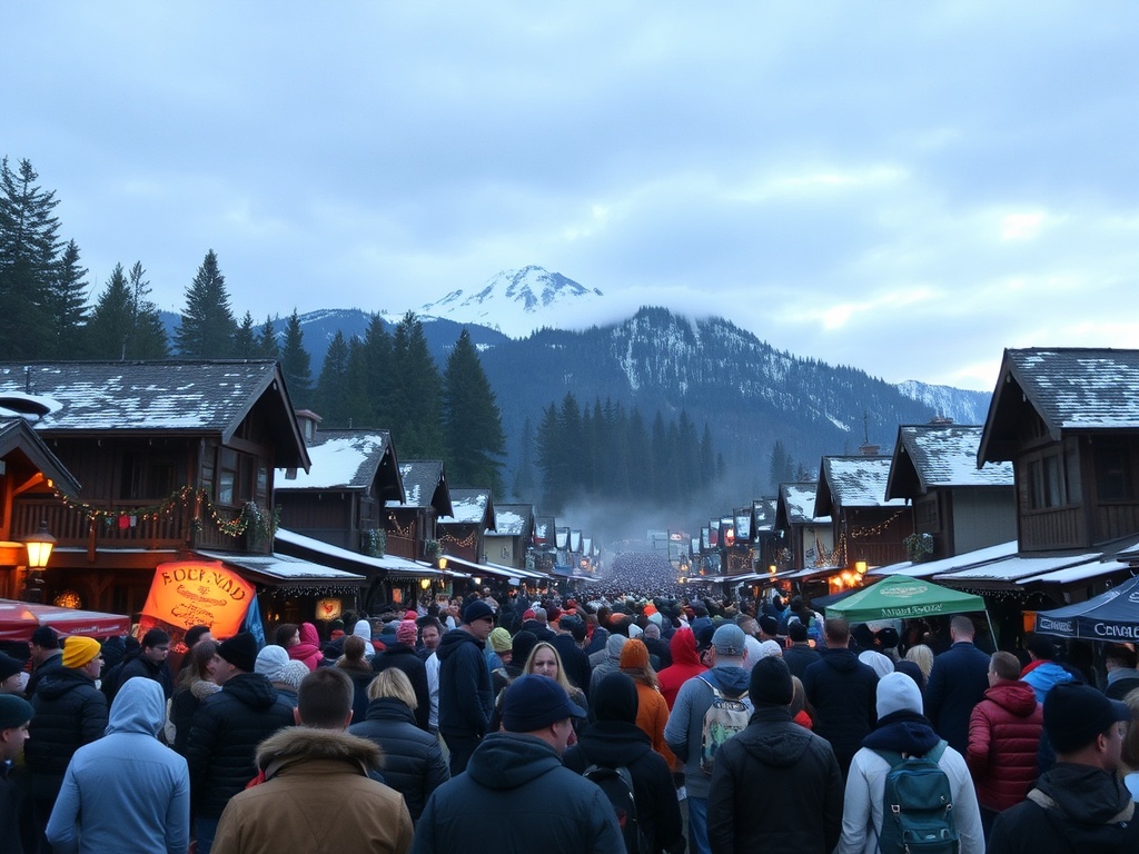 busy Blue Mountain village crowd peak weekend chaotic scene