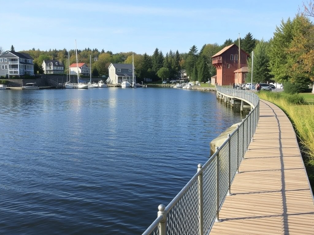Collingwood harbour waterfront trail with Georgian Bay calm water and boardwalk