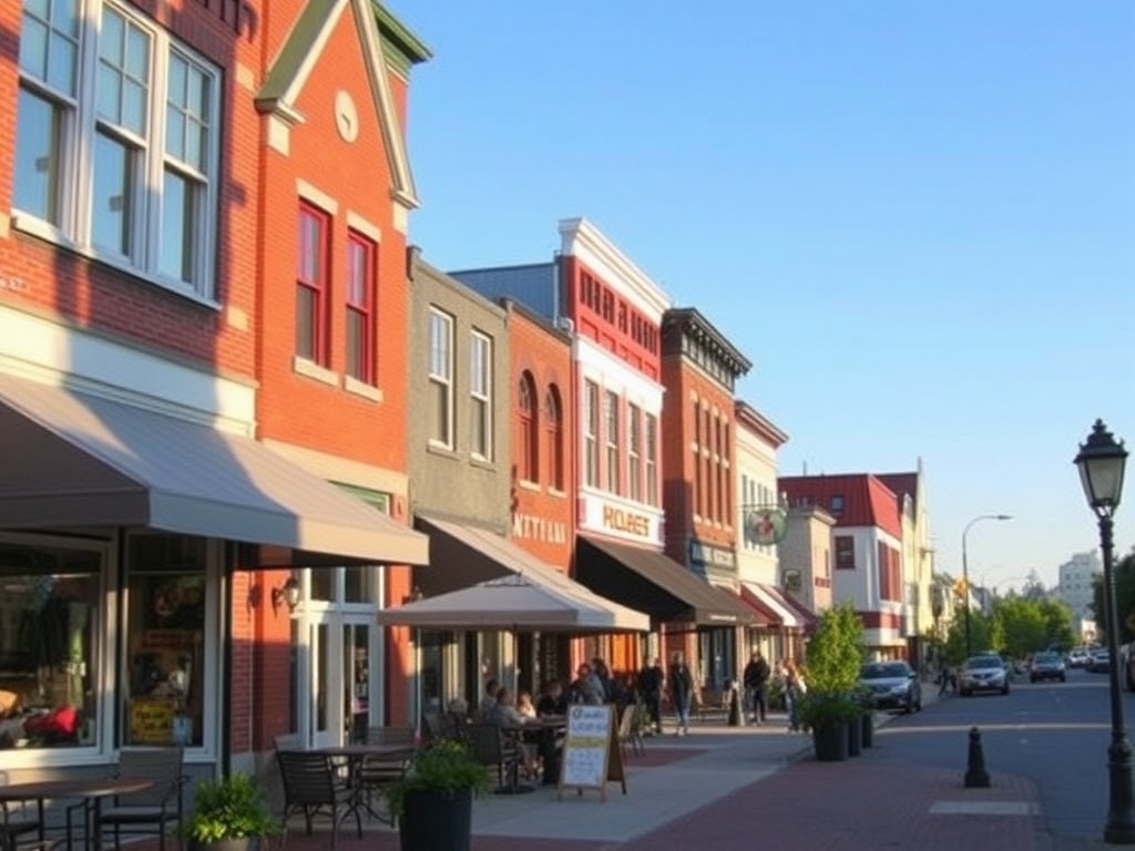 Collingwood Ontario streets cafes patios and local shops in warm afternoon light