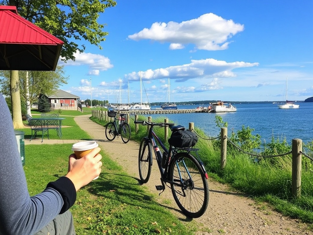 Collingwood Ontario weekend scene with coffee bike and waterfront trail