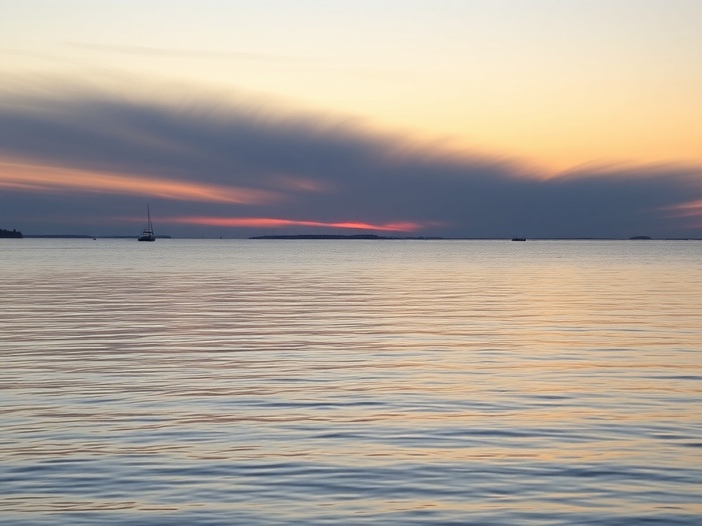 quiet Collingwood sunset over Georgian Bay with calm water and soft sky