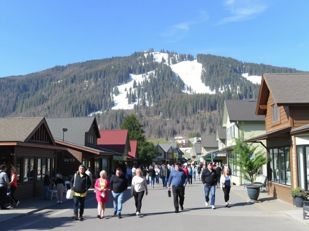 Blue Mountain village Collingwood lively daytime people walking shops ski hill background Ontario