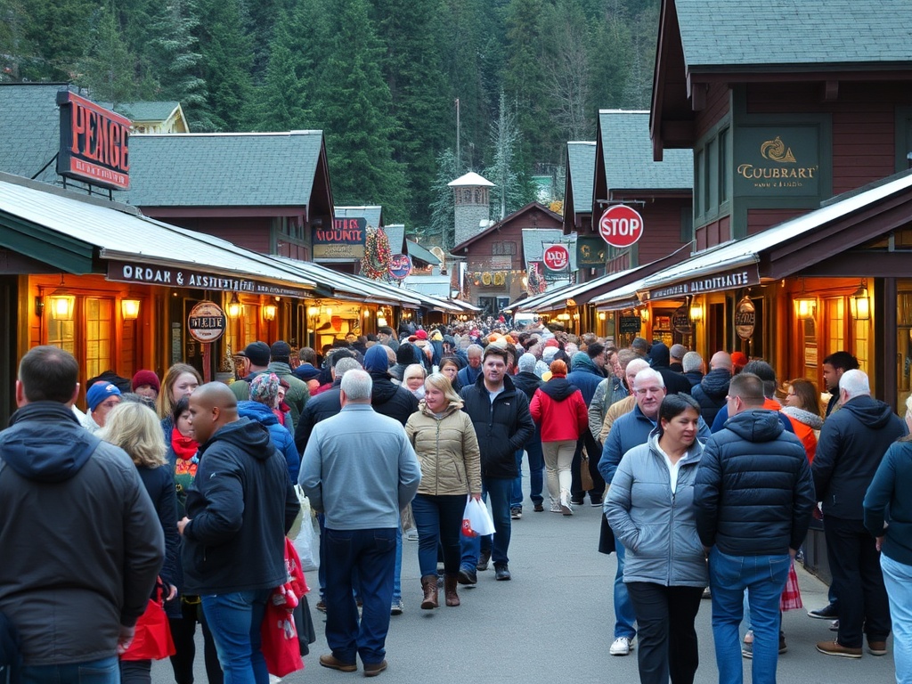 busy crowded Blue Mountain village weekend long lines restaurants people waiting Ontario
