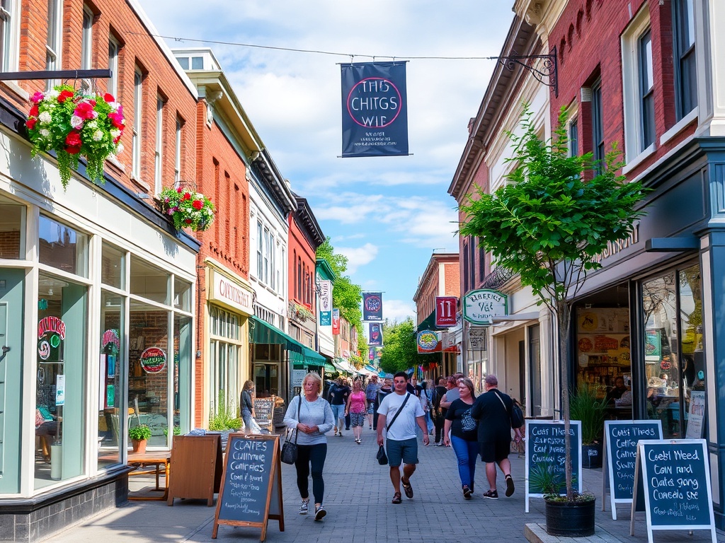 Collingwood downtown street shops cafes people strolling Ontario small town vibe