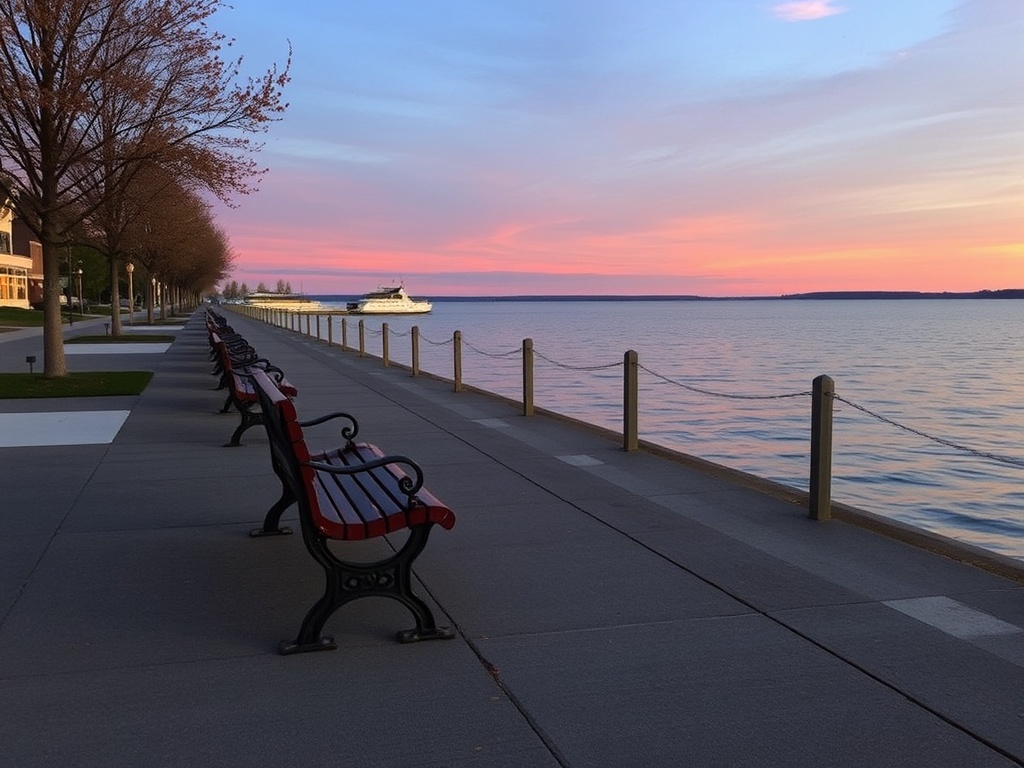 Collingwood waterfront morning quiet sunrise benches Georgian Bay calm reflective water