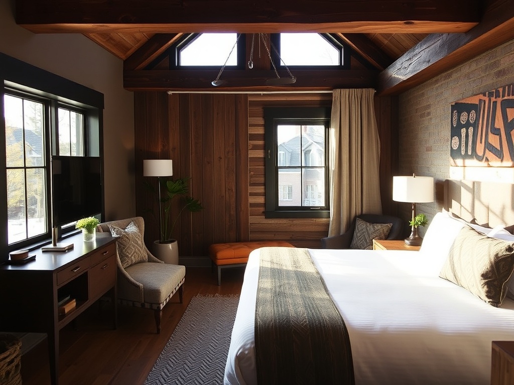 cozy boutique hotel room Collingwood Ontario modern rustic design window natural light