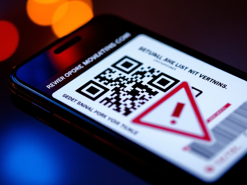 close-up of smartphone displaying digital concert ticket with QR code and security warning overlay