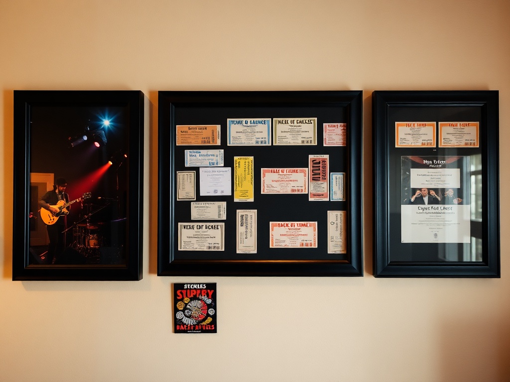 framed collection of vintage and modern concert tickets displayed on wall with warm lighting
