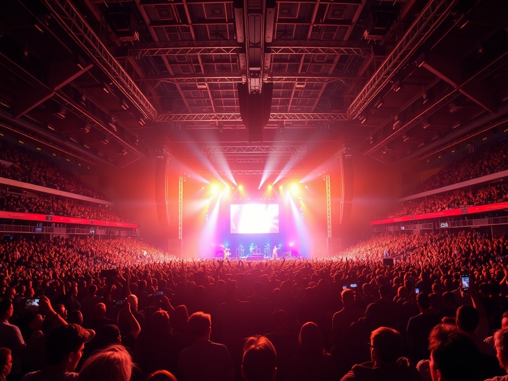 packed arena with glowing stage lights and fans holding tickets in the air, high energy concert atmosphere