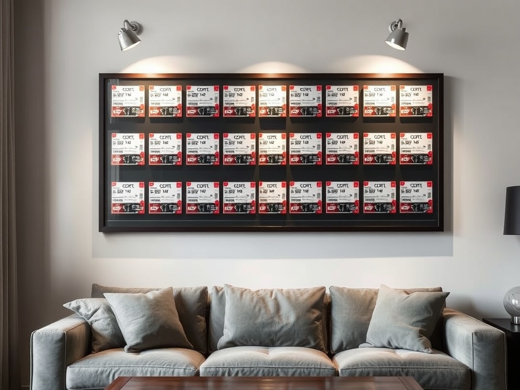 A beautifully framed display of concert tickets on a living room wall, with spotlights highlighting each ticket in a creative and artistic arrangement.