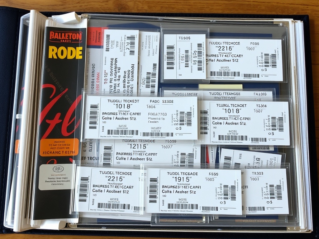 A collection of concert tickets stored in a professional, acid-free display book, with each ticket in a protective plastic sleeve.
