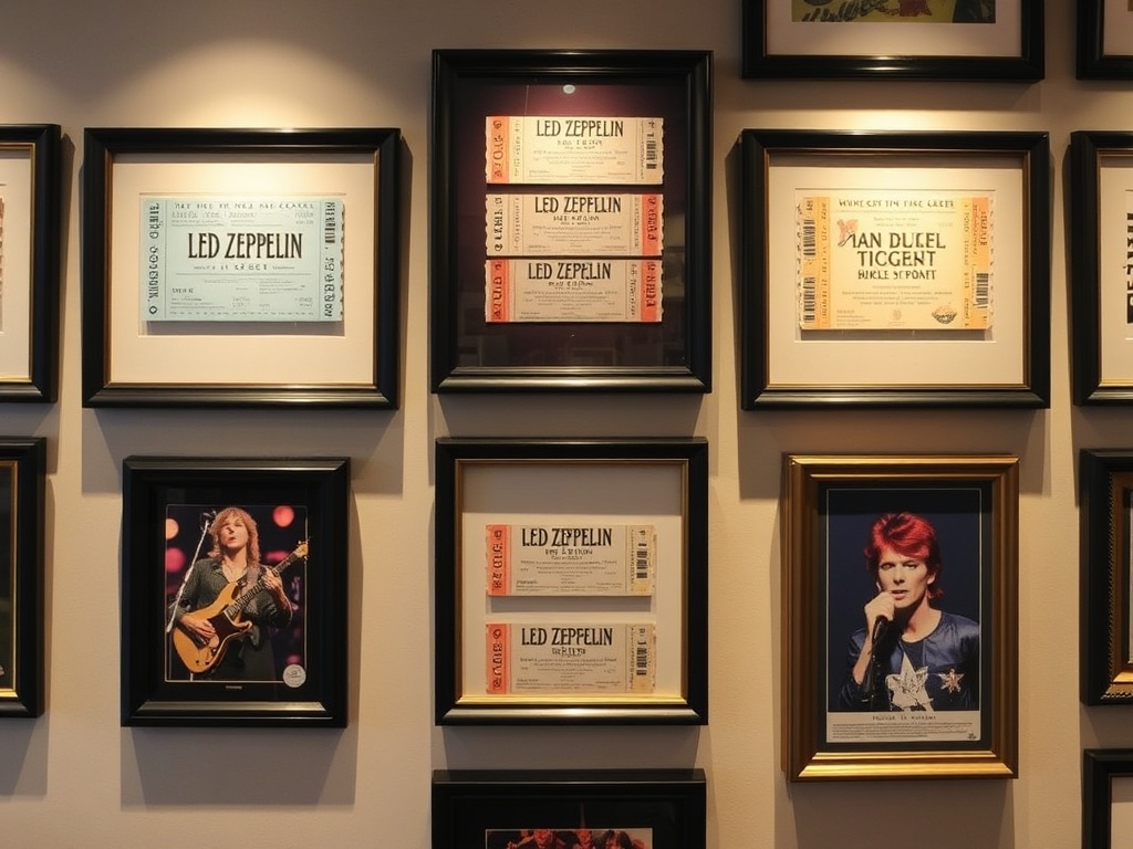 A selection of rare and vintage concert tickets from iconic artists like Led Zeppelin and David Bowie displayed in elegant frames on a wall.