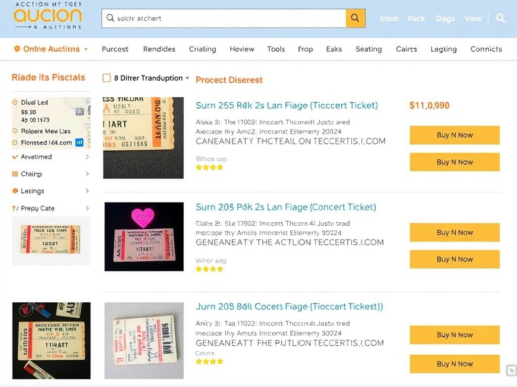 An online auction site listing vintage concert tickets for sale, with clear pictures and detailed descriptions of each item.