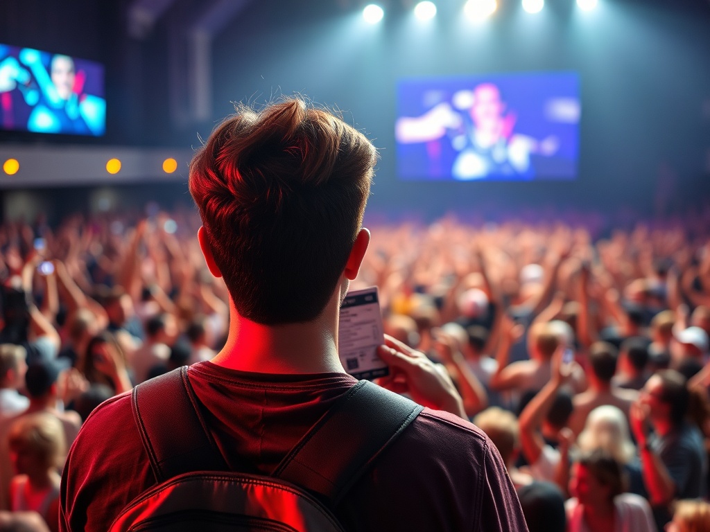 calm concertgoer holding ticket confidently, contrasted with chaotic crowd behind