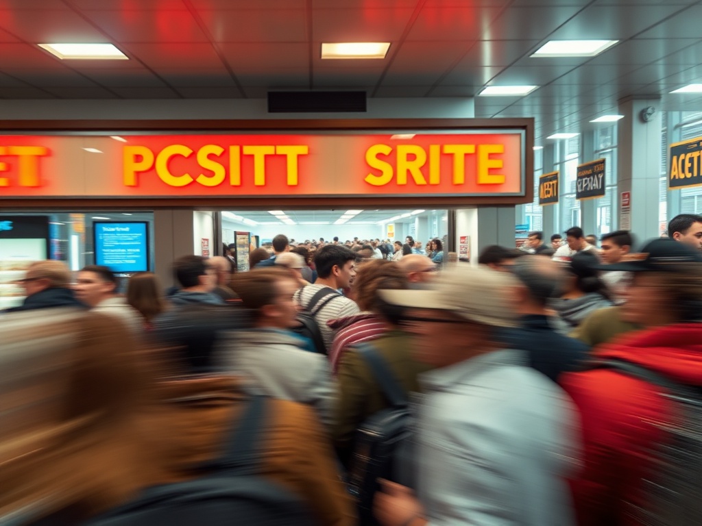 crowd rushing ticket booth with urgency, blurred motion conveying panic buying