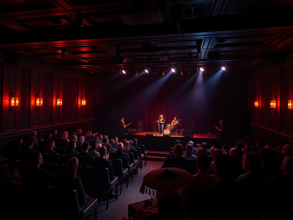 intimate concert venue with limited seating, dim lighting, exclusive atmosphere