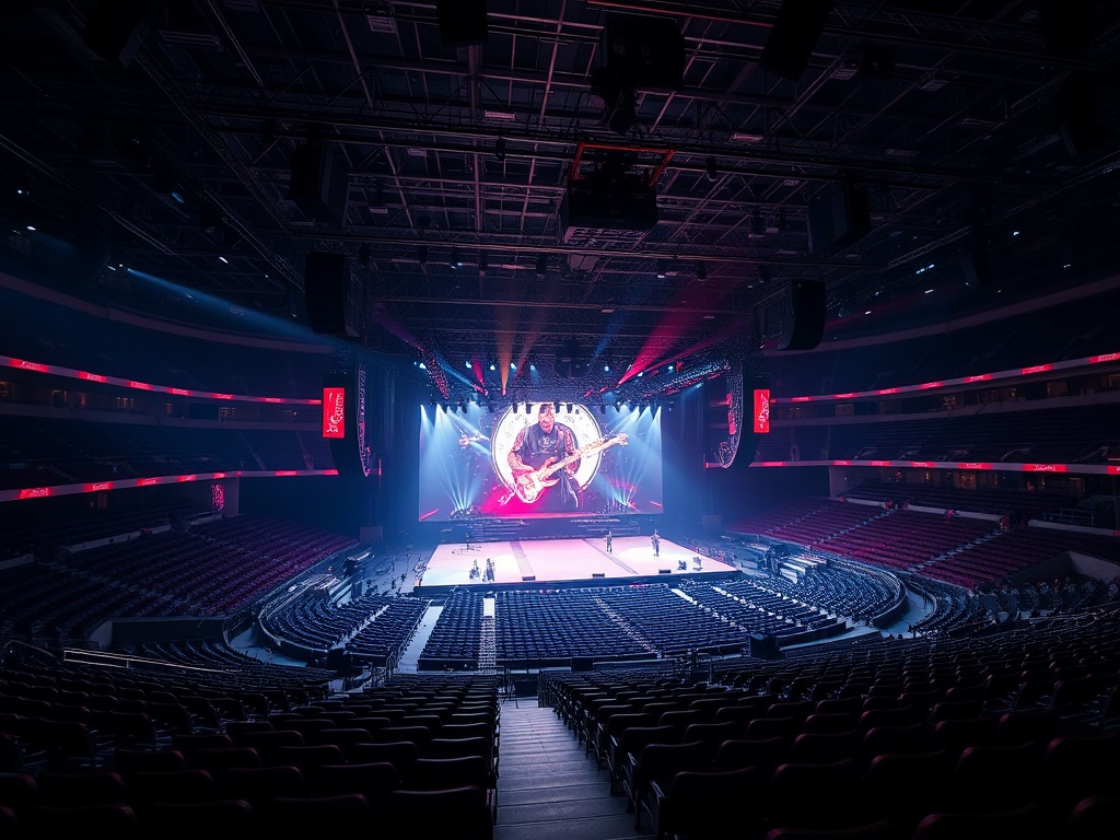 large arena concert with stage setup mid-preparation, empty seats before event