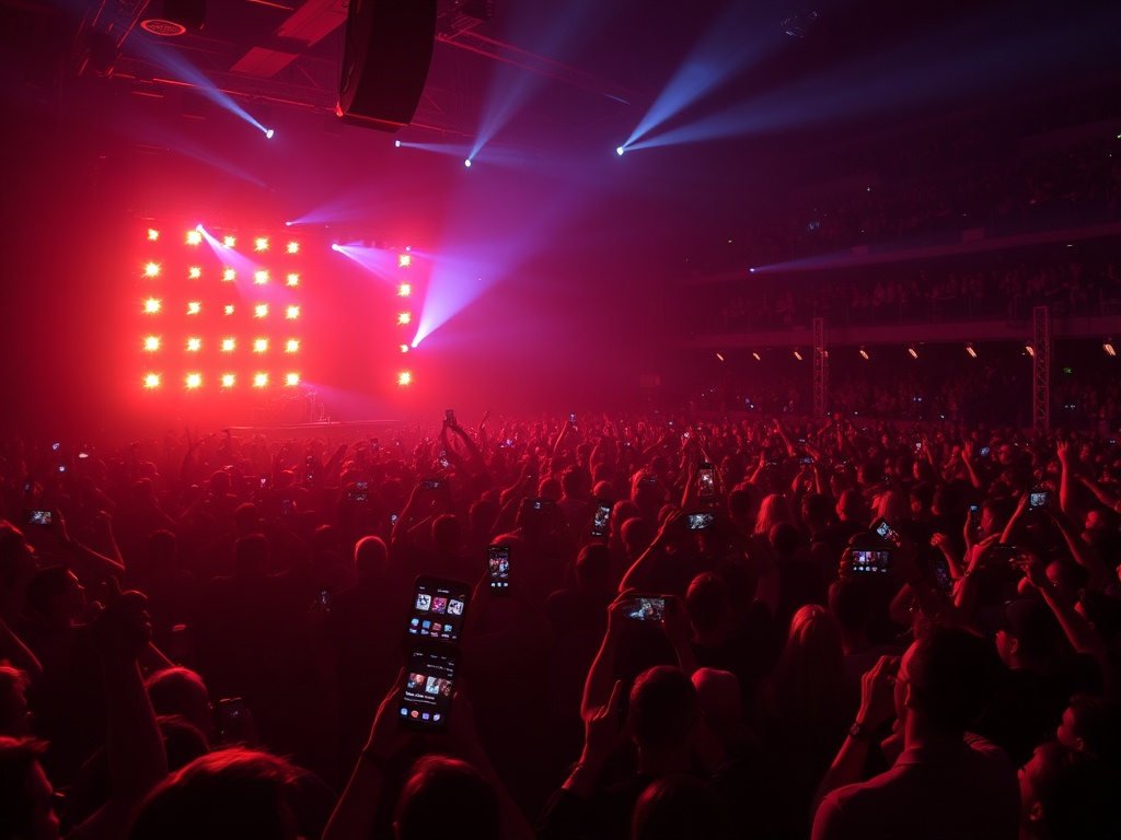 packed concert crowd with glowing stage lights, fans holding phones, high energy atmosphere