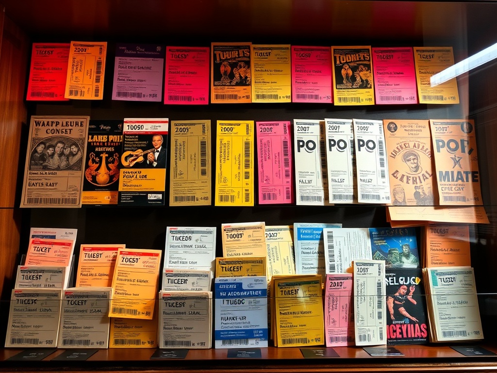 A visually vibrant collection of concert tickets in a display case