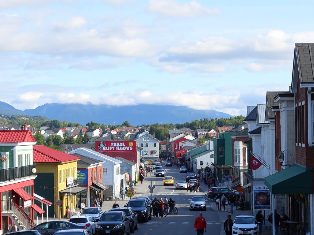 a vibrant view of Corner Brook with mountains in the background and bustling streets full of local life