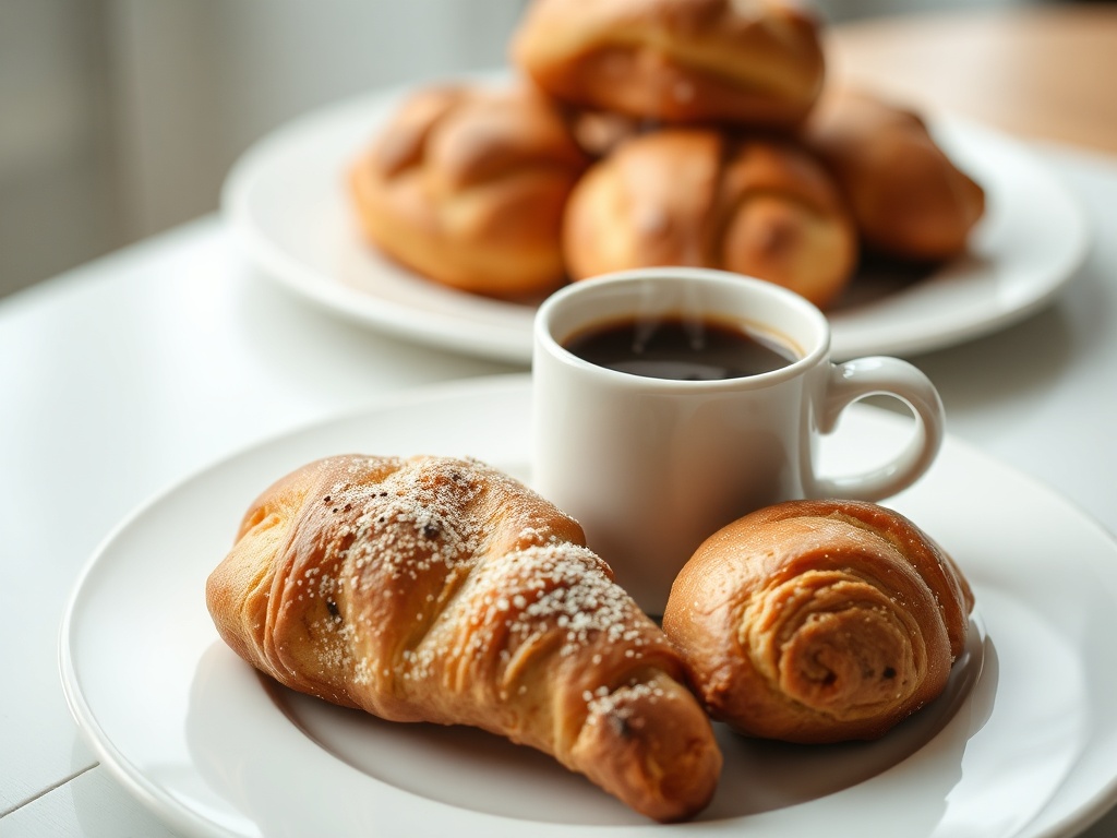 close-up of a steaming cup of coffee and a plate of homemade pastries on a table