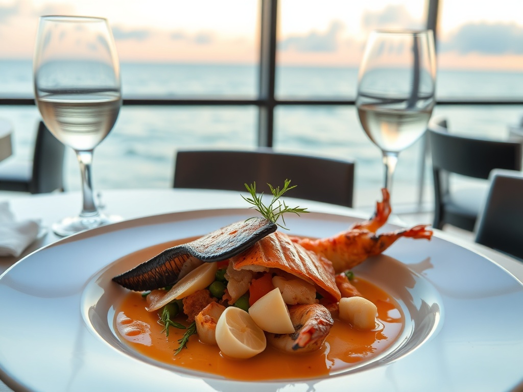 elegantly plated seafood dish in a restaurant with ocean view in the background