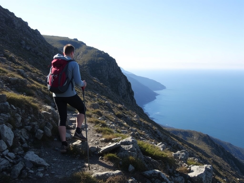 hiker on a rugged trail in Corner Brook with distant ocean view
