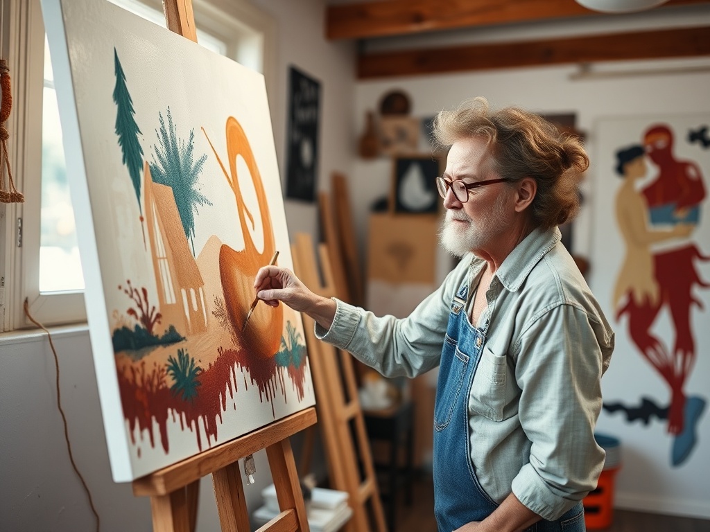 local artist painting on a canvas in a bright studio