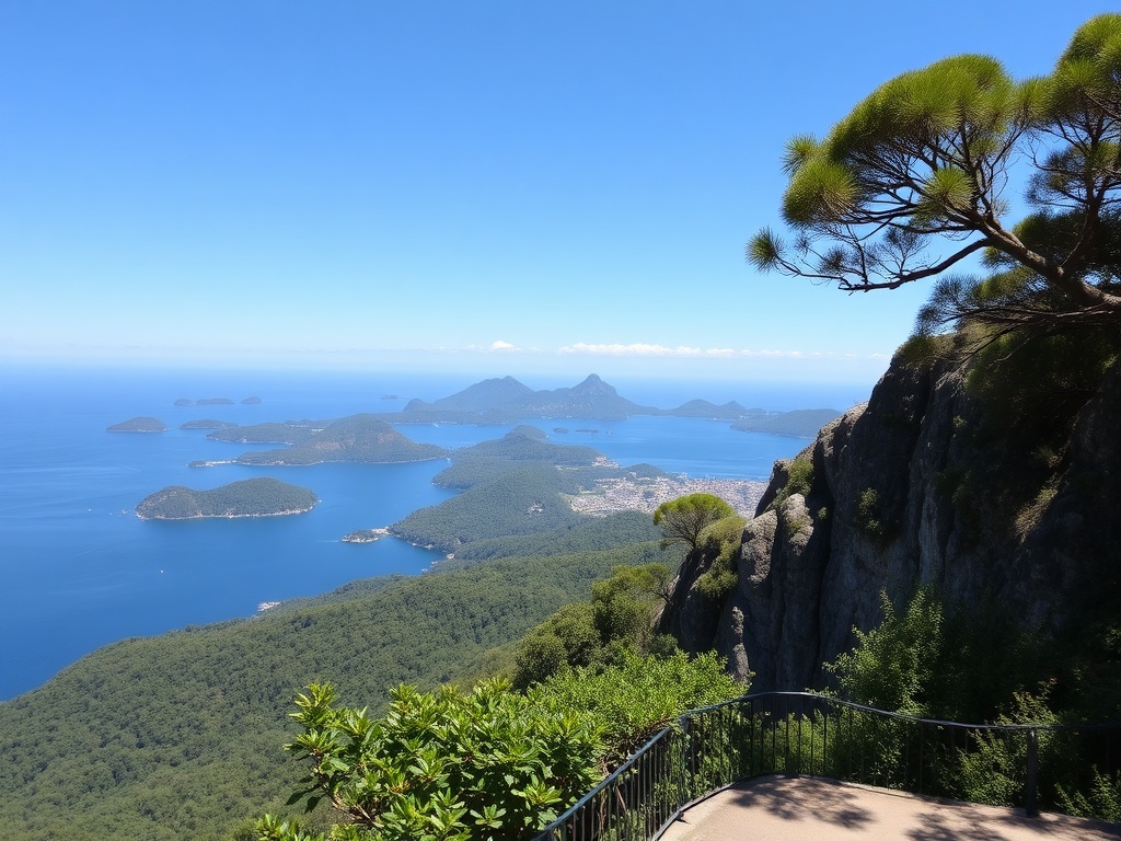 overlooking Bay of Islands from a lookout point with lush green hills and clear blue sky