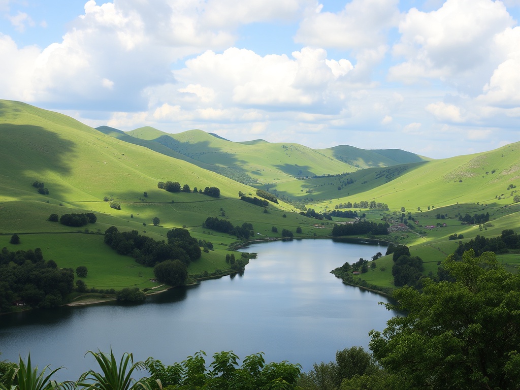 A beautiful countryside scene, featuring lush green hills and a tranquil lake