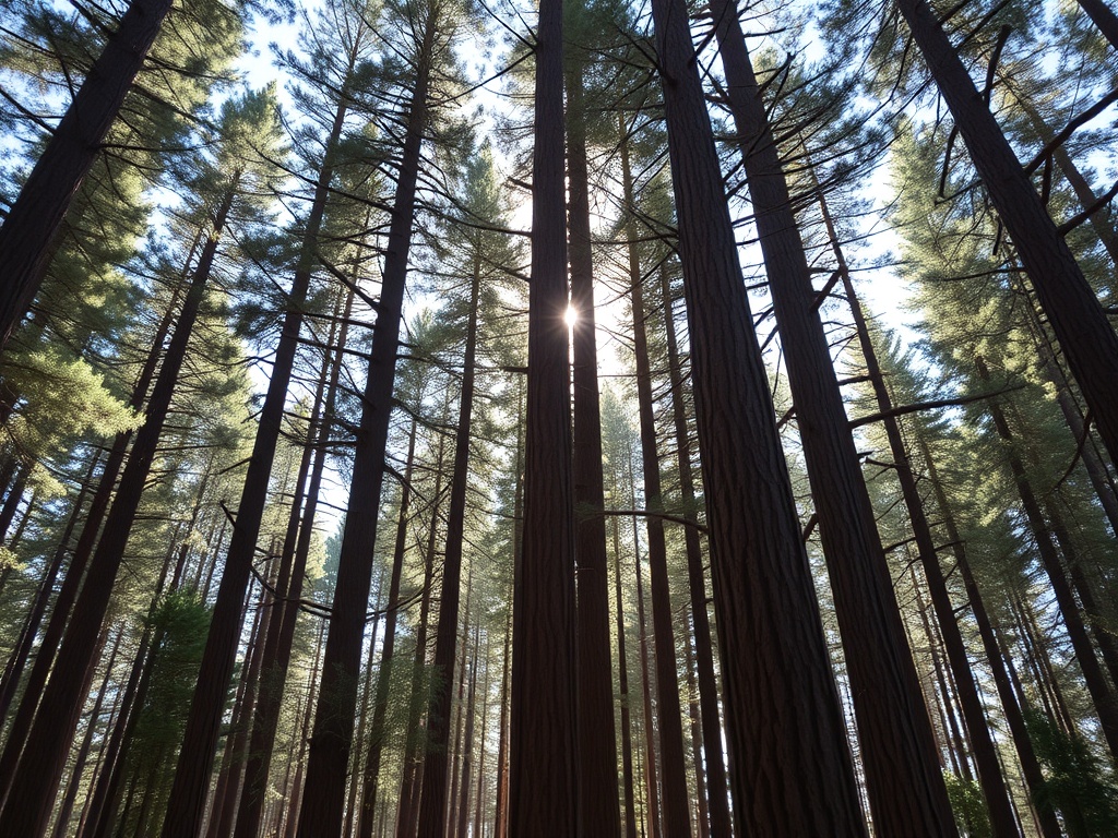 Ancient tall pine trees in a forest, with sunlight filtering through the leaves