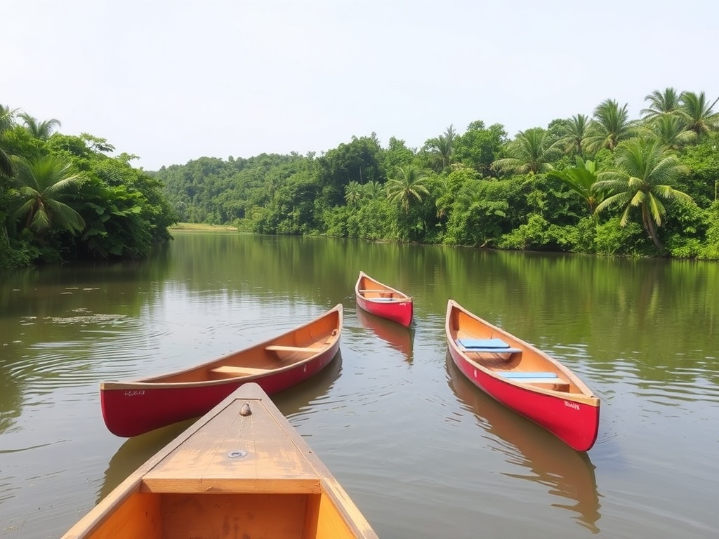 Canoes floating on a calm river, surrounded by lush greenery