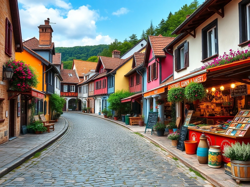 Charming village with cobblestone streets, colorful cottages, and local market stands