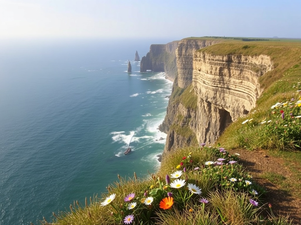 Cliffs overlooking the ocean, with wildflowers growing along the edge