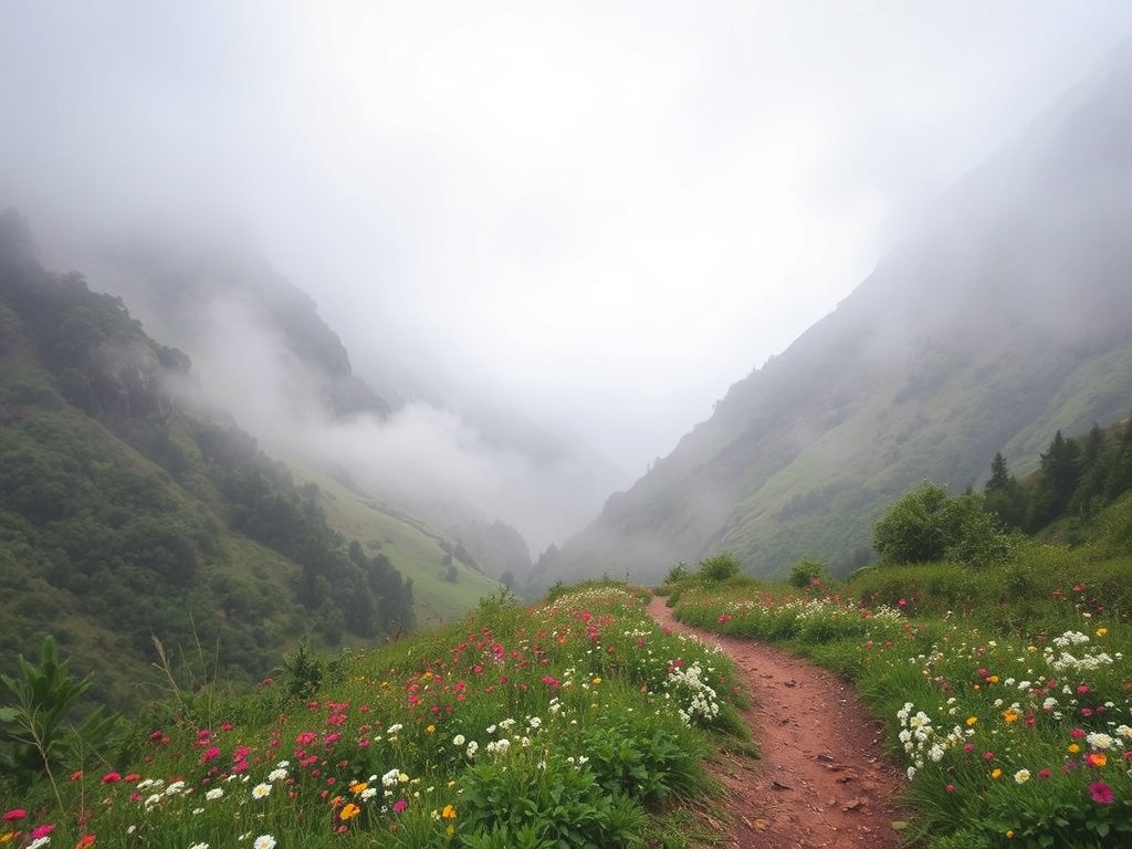 Fog rolling through a lush valley, with wildflowers blooming along a path