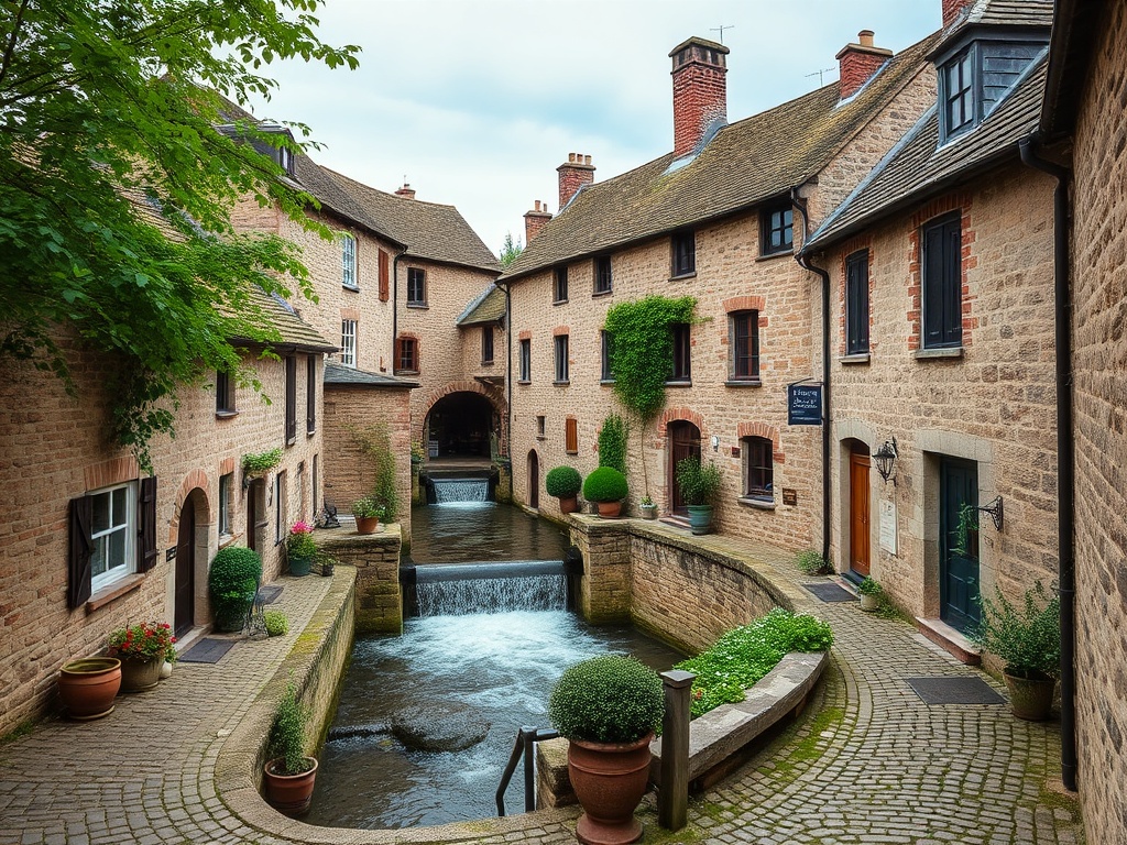 Historic mill surrounded by charming stone houses and cobblestone streets