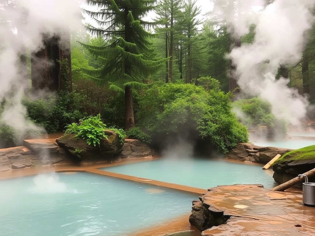 Hot springs surrounded by lush forest, with steam rising from the warm water
