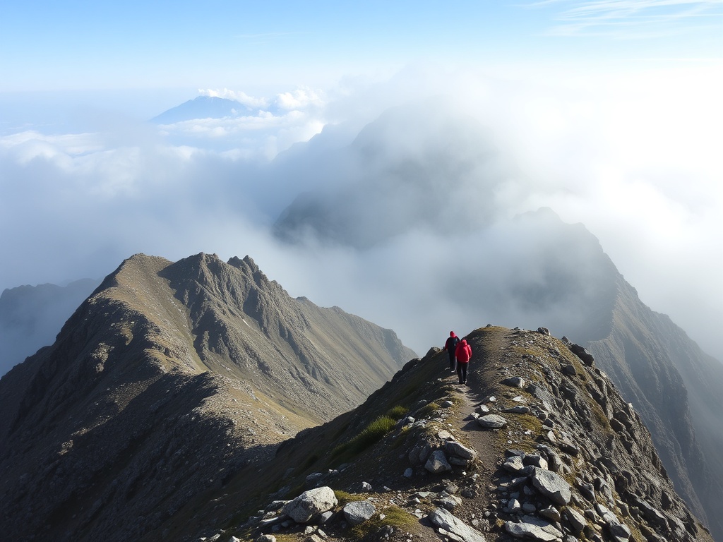 Mountain peaks covered in mist, with hikers making their way to the summit