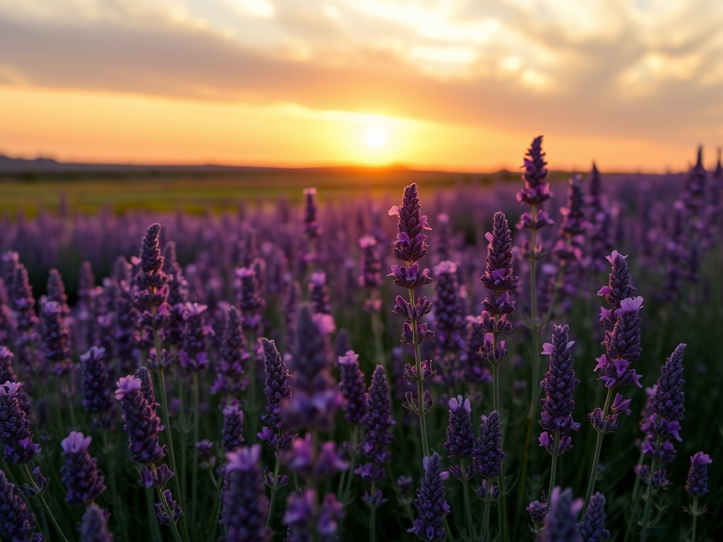 Vast lavender fields with purple flowers in full bloom, against a golden sunset sky