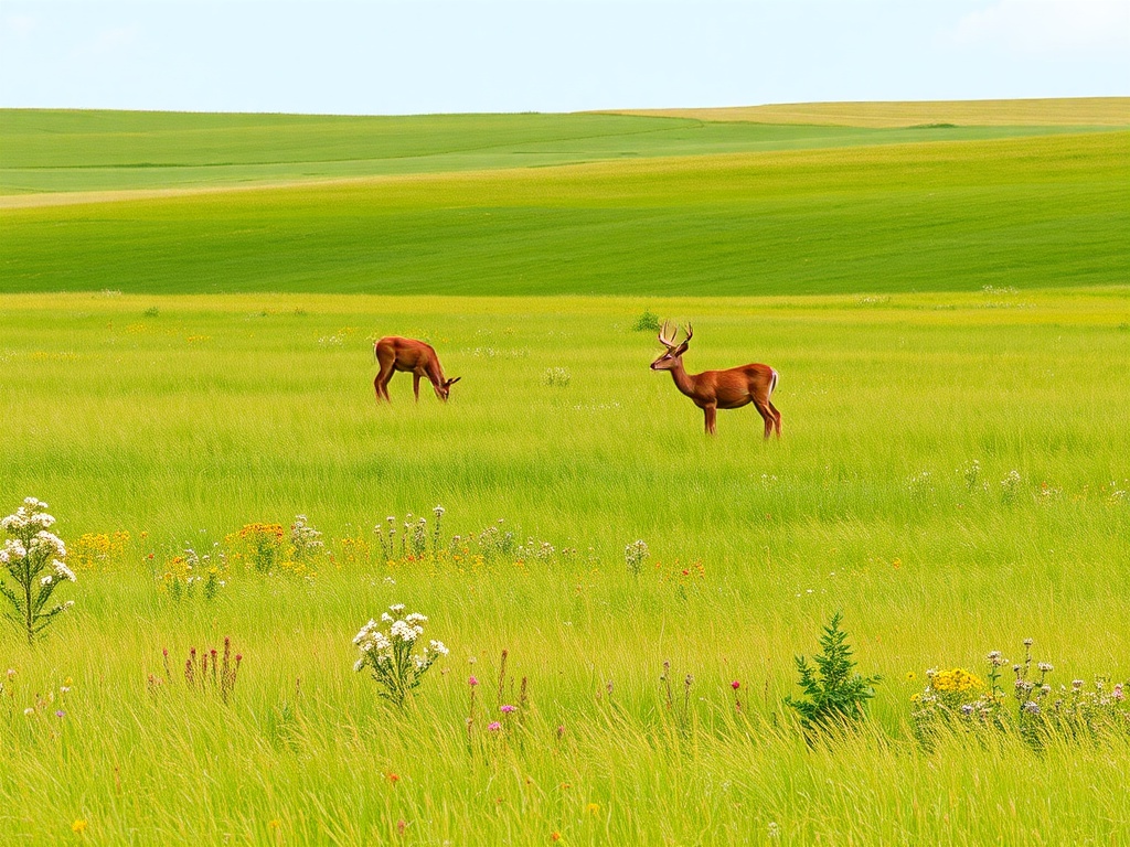 Wide open grassy meadows with wildflowers and grazing deer