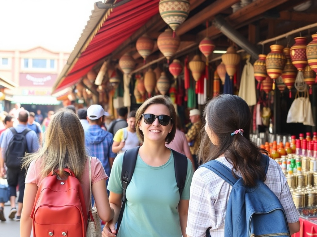 A group of travelers exploring a cultural market