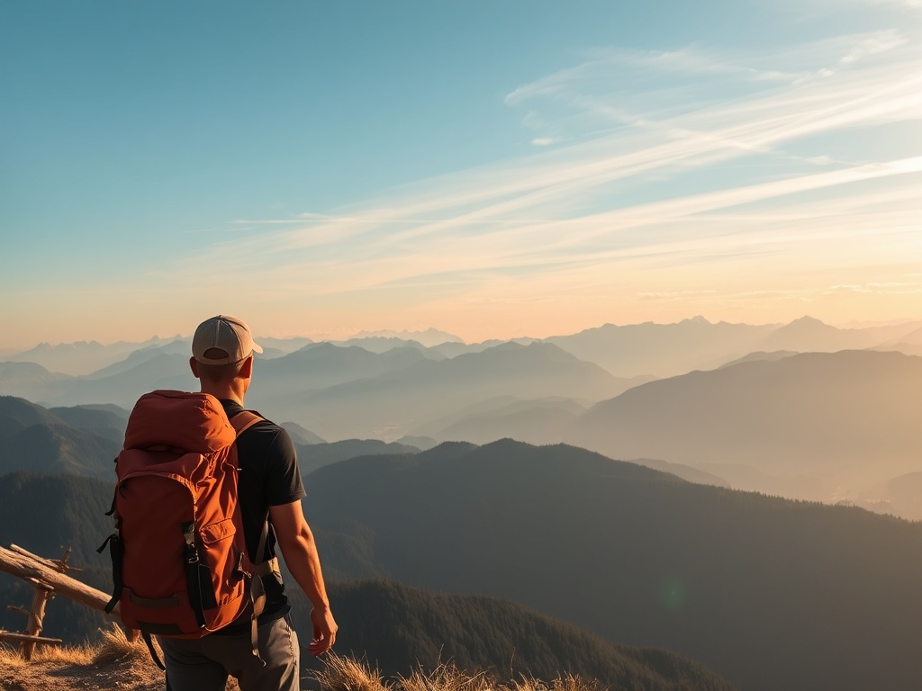 A hiker with a scenic view of mountains
